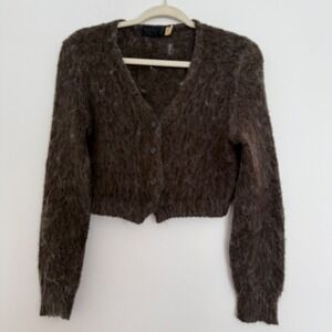 Vintage Retango Women's Mohair Blend Cropped Cardigan Sweater Medium Brown Boxy